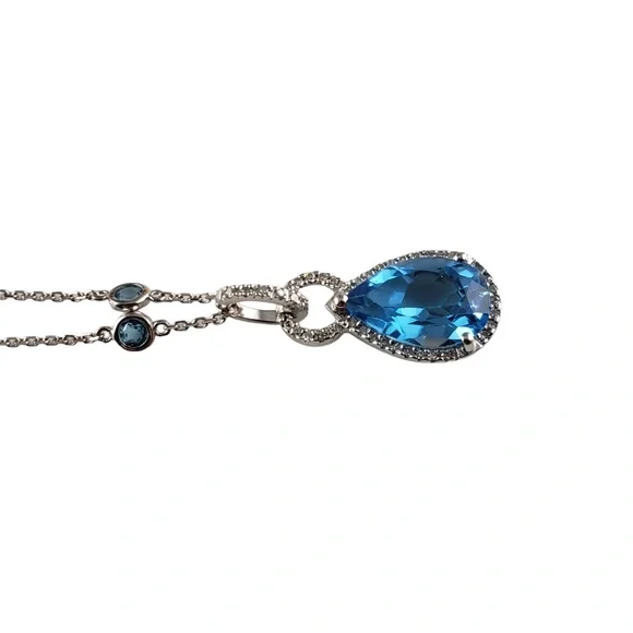 14 Karat White Gold Blue Topaz Diamond Pendant Necklace JAGi Cert. #13787